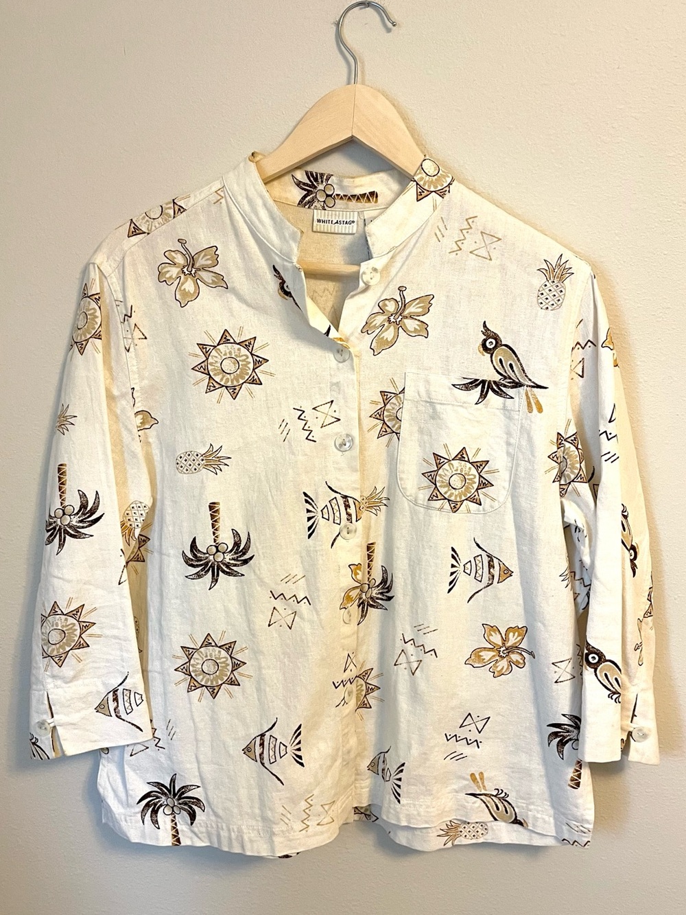 White Stag - White Button-Front Shirt with Tan & Black Tropical Print - Size M